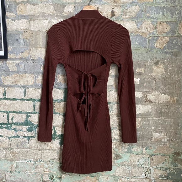 Brown Knit Open Back Long Sleeve Mini Dress SzS - Picture 5 of 6
